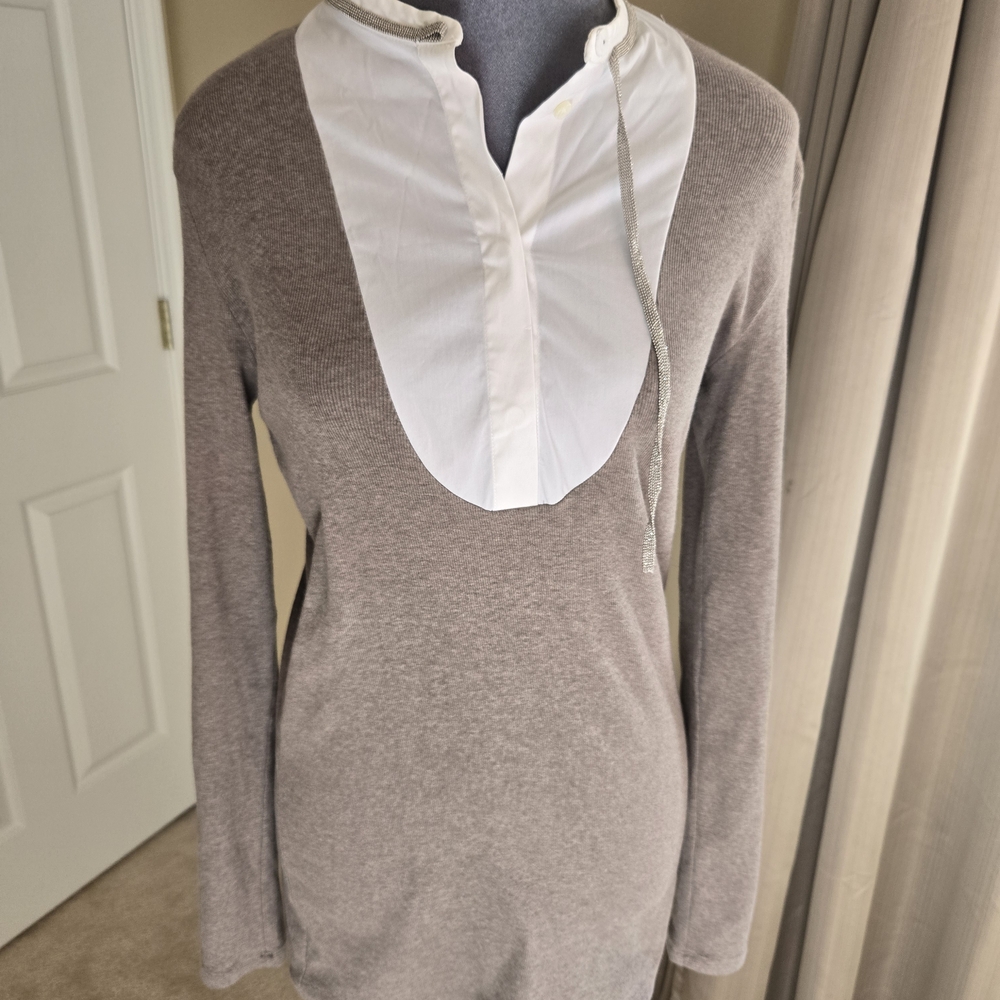 Brunello Cucinelli Gray Knit Top with White Bib Front Size XL Made in Italy
